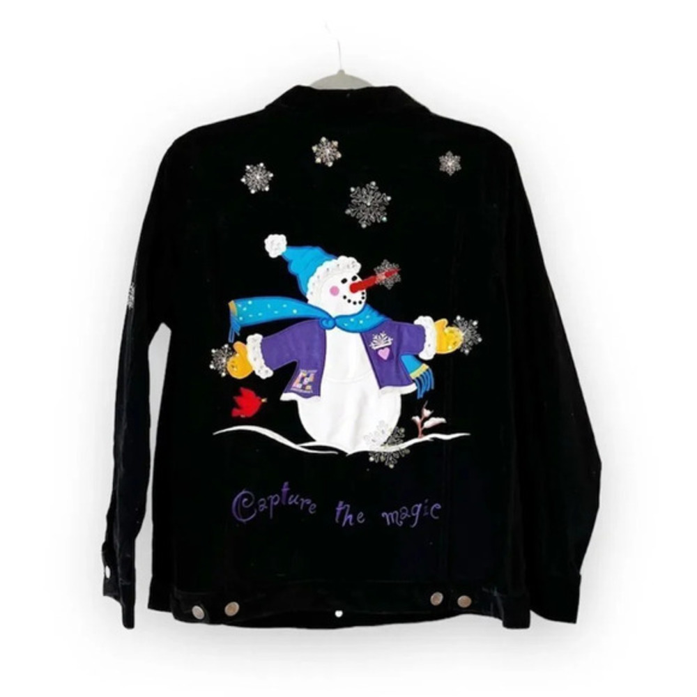 Quaker Factory  Black Velvet Jean Jacket Women's Size Small Snowman Sequins New